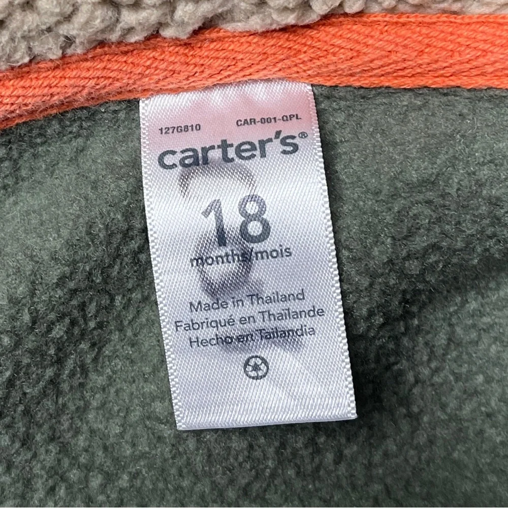 Carter's T-Rex Dino Olive Green Sherpa Lined Full Zip Hoodie 18 Months